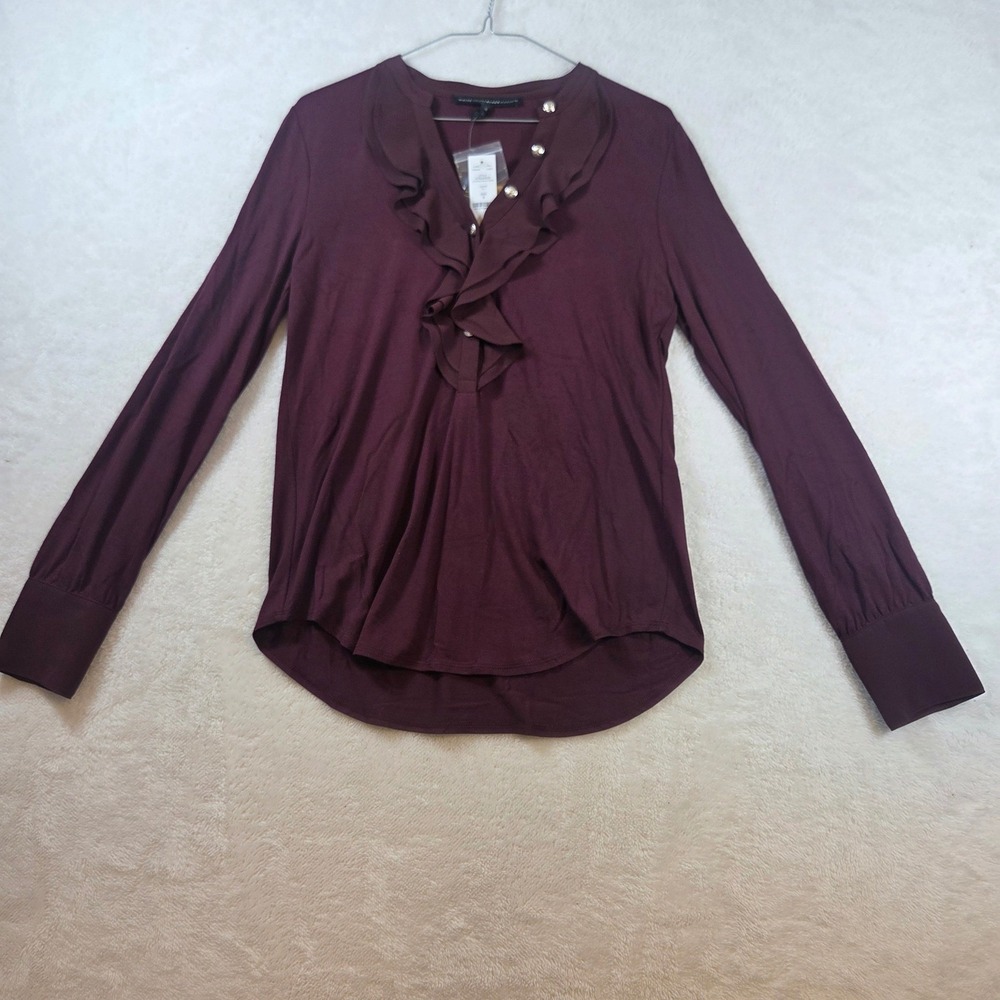 White House Black Market LS Military Button Ruffle Blouse Port Purple Small NEW